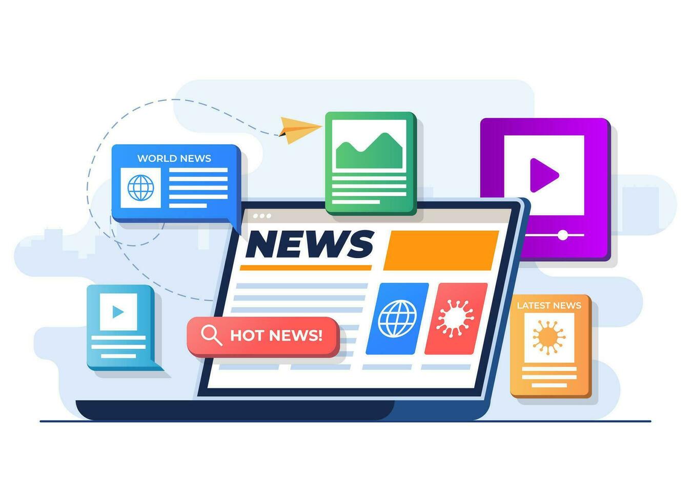 online news mobile application flat illustration template online news article news webpage online mass media on laptop screen internet newsletter vector